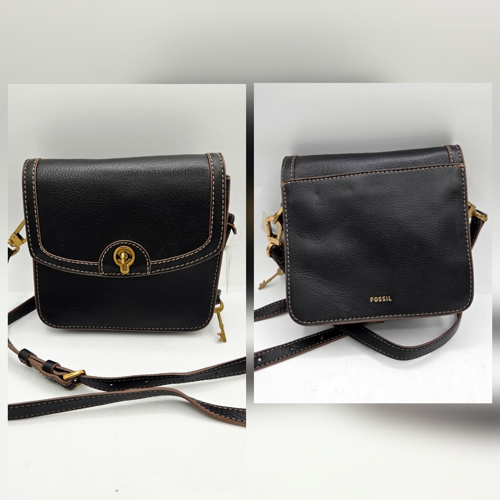 Fossil Ainsley Small Flap Crossbody Handbag Bag Black Leather Classic Purse NWT